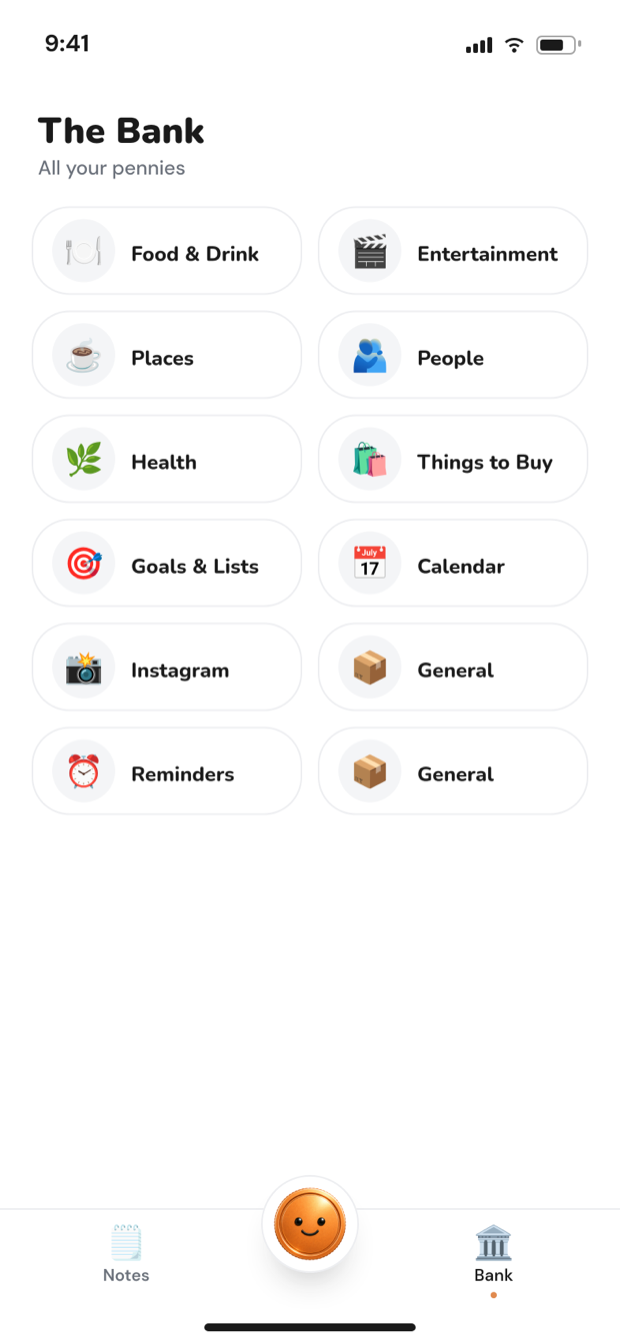 Penny's Bank — memories sorted into visual categories